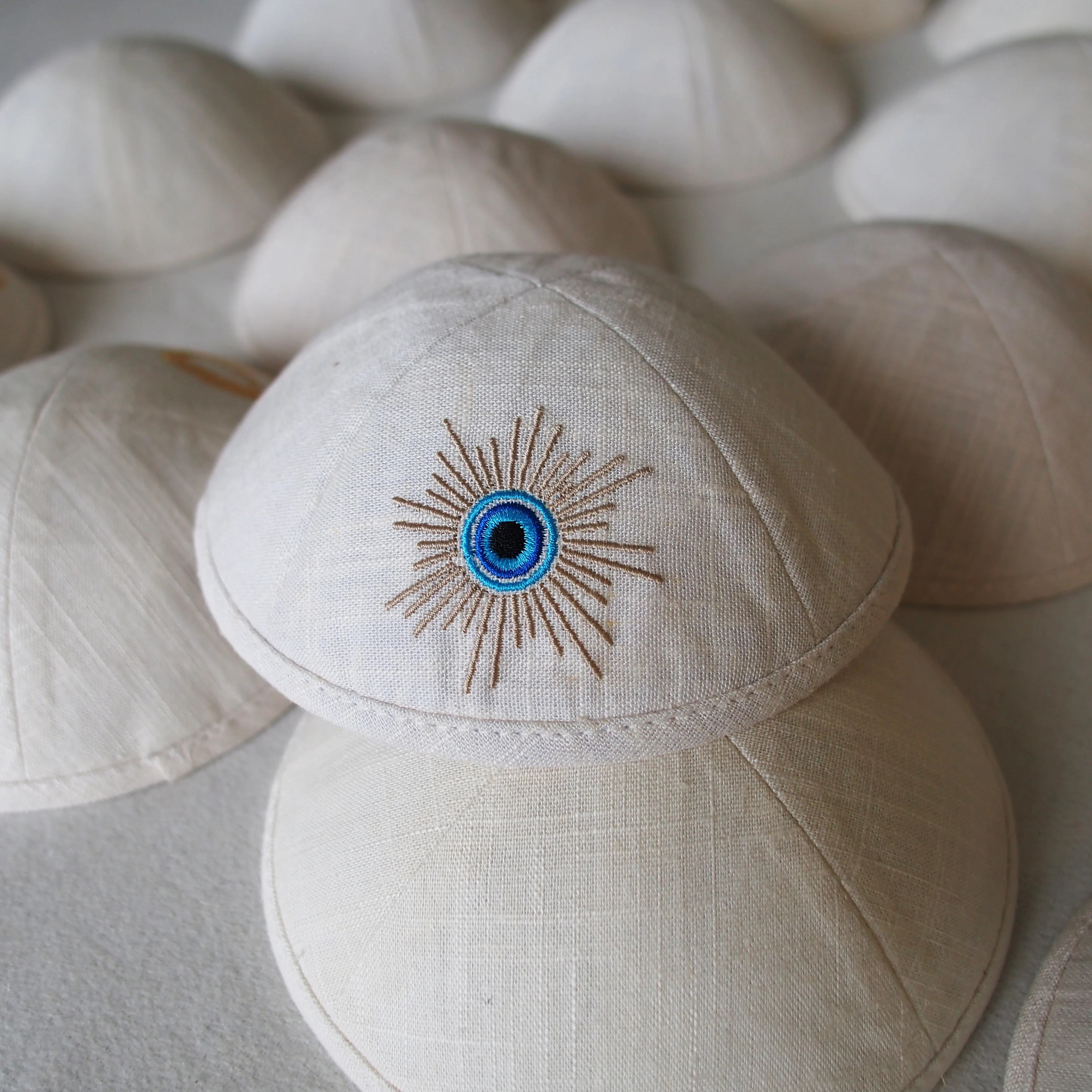 Ivory White Custom Eye of Knowledge Embroidered Linen Headscarf Jewish Accessory Ahava Custom Wedding and BarBat Mitzvah Headsca