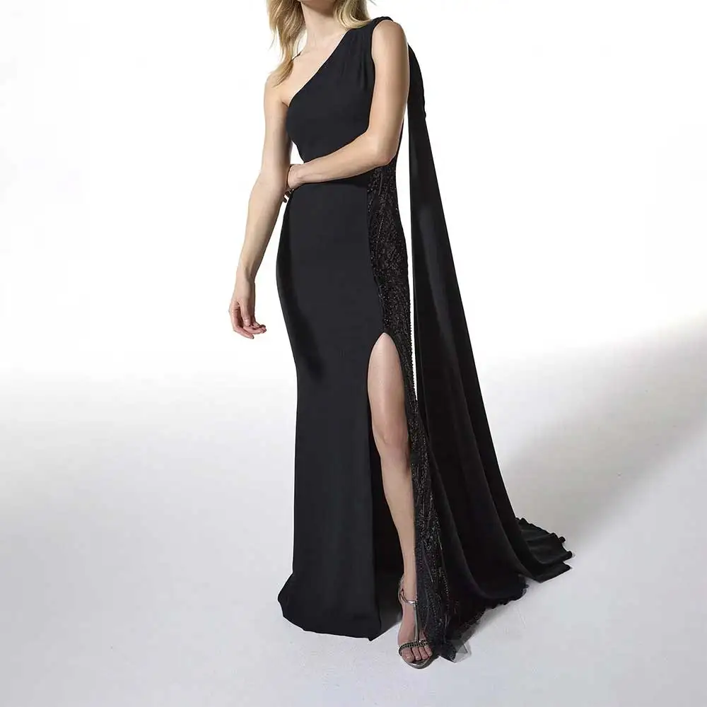 

Chic One-Shoulder Cape Sleeveless Mermaid Evening Dress Side Slit Prom Party Dresses Bridesmaid's Dresses Elegant Banquet Dress