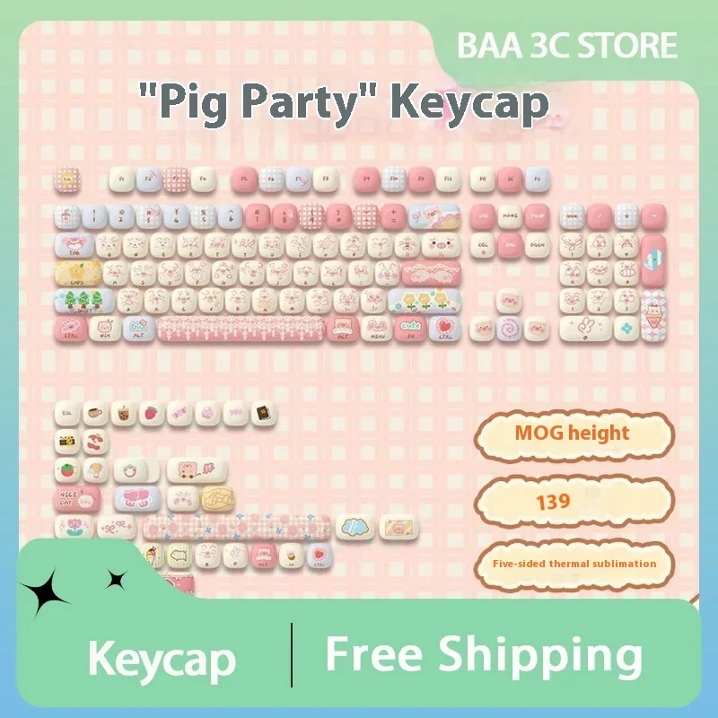 Akko-teclas con temática Piggy Party, Teclado mecánico de 139 teclas, PBT, sublimación térmica, pequeño moño al vapor, accesorios para Pc