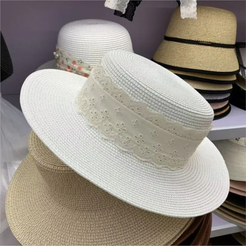 Lace woven flat-topped hat for women vacation sunshade and