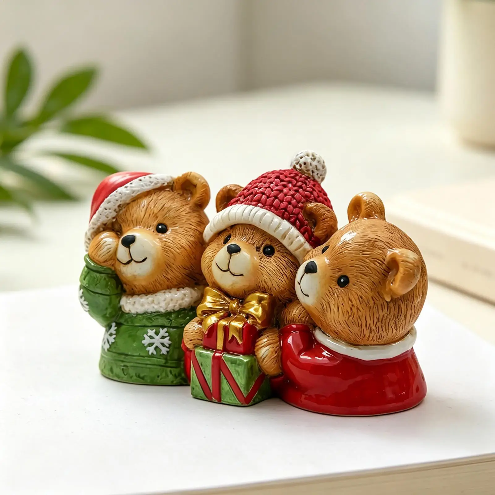 Christmas Figurines Cute Santa Hat Bear Seasonal Decoration Christmas Winter Statues For Living Room Bedroom Office Desk