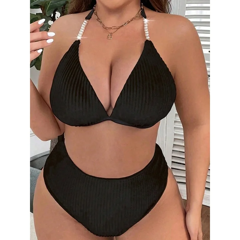 JEWELRY SEN Women Ribbed Pearl‑Strap Halter Bikini Set 2‑Piece High‑Cut V‑Waist Solid Black Summer Beach Bathing Suit