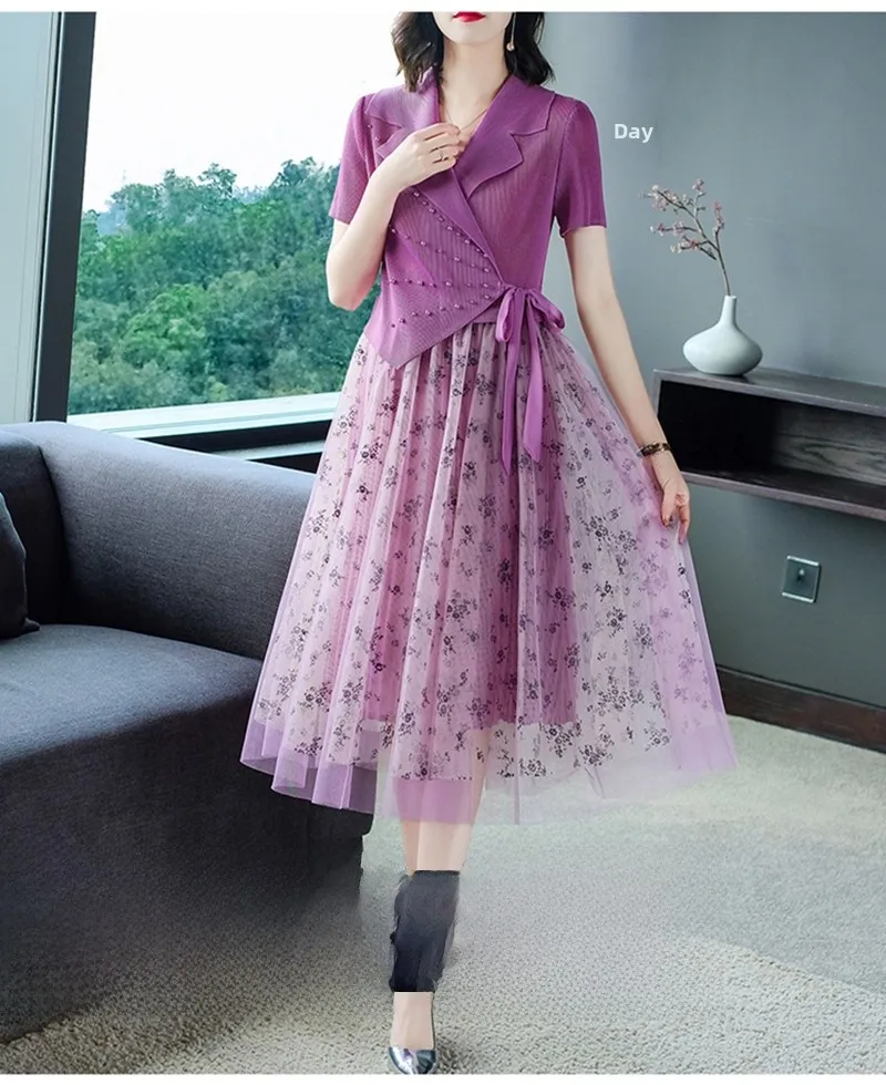 

Ele Japanese Sle Suit Collar Dr Women Summer New Faion Tulle Large Size Beaded Pleated Long Skirt V-ne A-line Dr