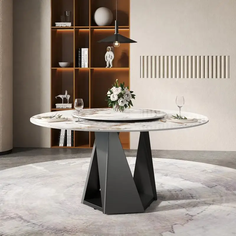 59" Round Marble Dining Table with Black Iron Base, Artificial Stone for 6-8 People, 31.5" White Turntable, White Finish,
