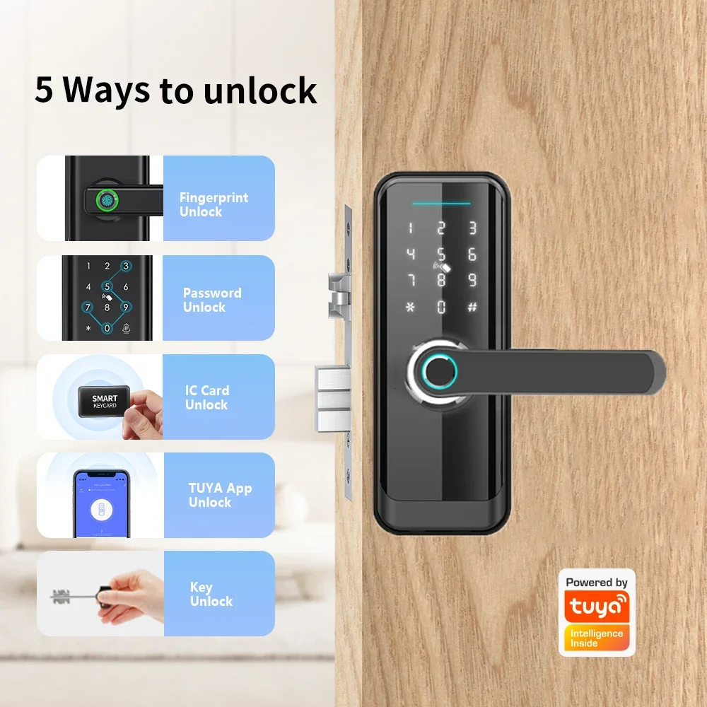 Tuya Wifi Electronic Door Lock Biometric Fingerprint Lock APP Remote Unlocking Digital Password Card Keyless Entry Smart Lock