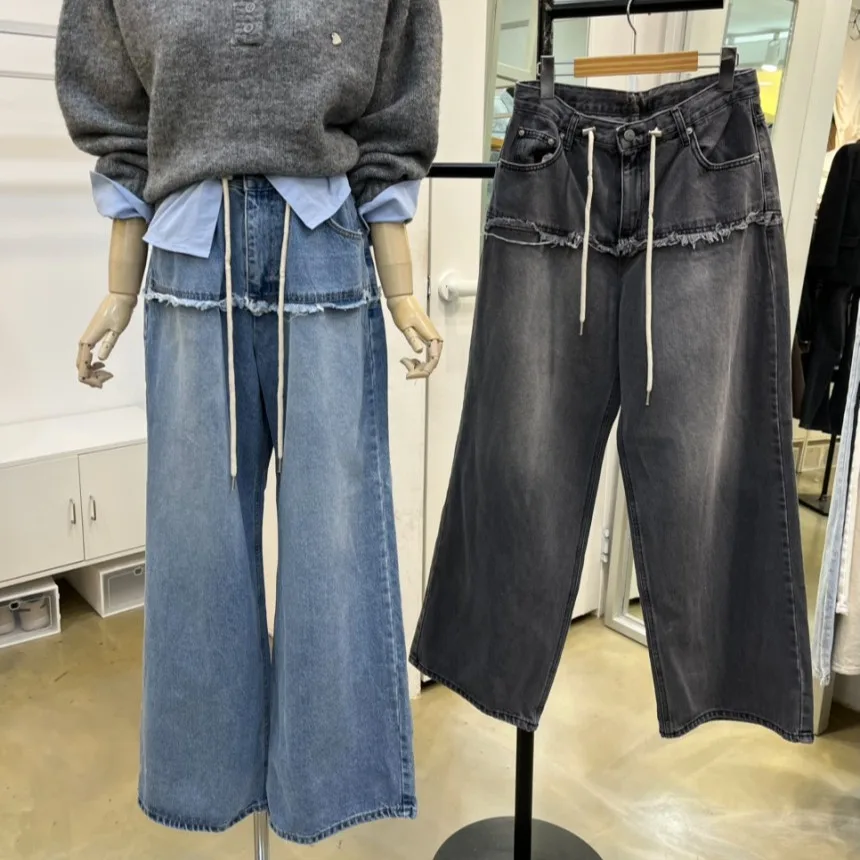 

Casual Wide Leg Jeans Women's Commute Or Leisure Patchwork Drawstring Denim Trousers High Waist Long Pants Spring Season