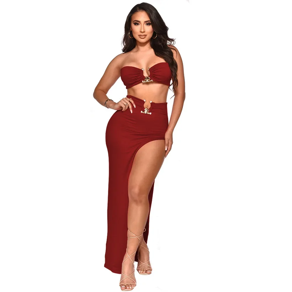 Foamlina Women Fashion Summer Clothing Sets 2023 Sexy Two Piece Set Strapless Crop Top Elastic Waist High Split Long Skirt Suits