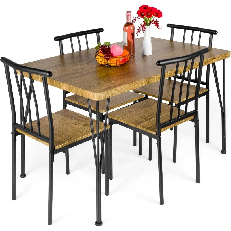 home. 5-Piece Metal and Wood Indoor Modern Rectangular, Dining Room, Dinette, Breakfast Nook w/ 4 Chairs - Brown