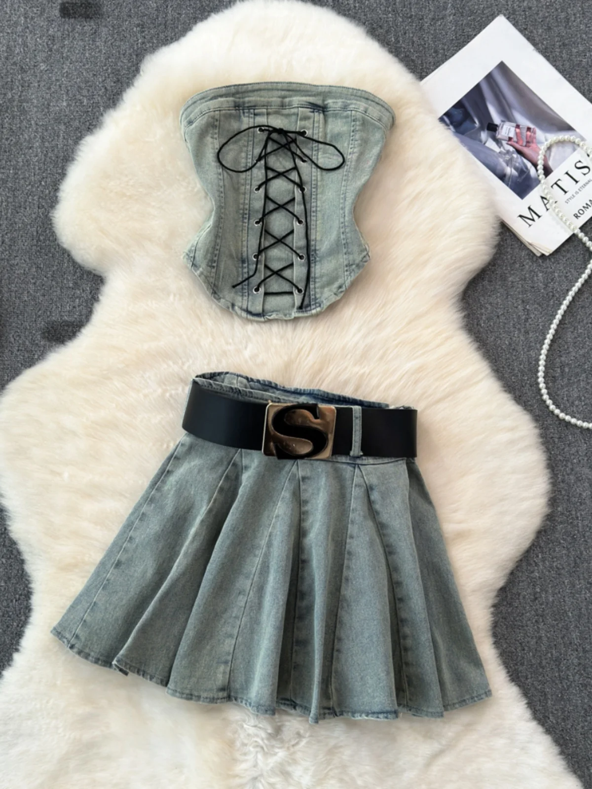 Retro อเมริกัน DENIM ชุดผู้หญิงเซ็กซี่สาวเผ็ดด้านบน + Anti-Light A-Line เผ็ดสาวจีบกระโปรง 2 ชิ้นชุด Faionable