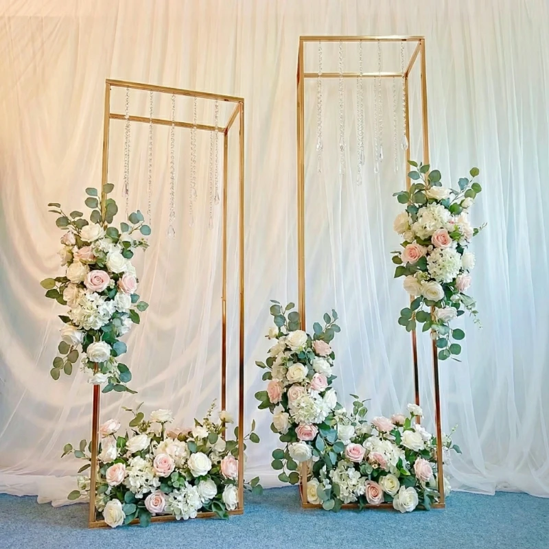 2 PCS Shiny Gold Large Frame Riser Floral Arch Wedding Backdrop Props Grand Party Display Stand Light Hanging Column