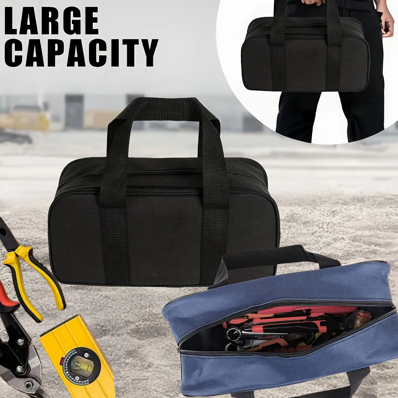 

Oxford Cloth Handheld Tool Kit, Wide Zipper Durable Storage Bag, Large Capacity Portable Pouch for Work Outdoor Hardware Storage