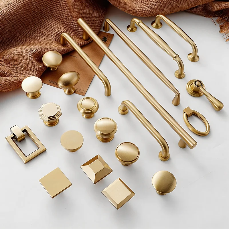 2PC Solid Pure Brass Cabinet Handles Minimalist Gold Drawer Pulls Wardrobe Cupboard Door Knobs Furniture Hardware 96/128/192mm