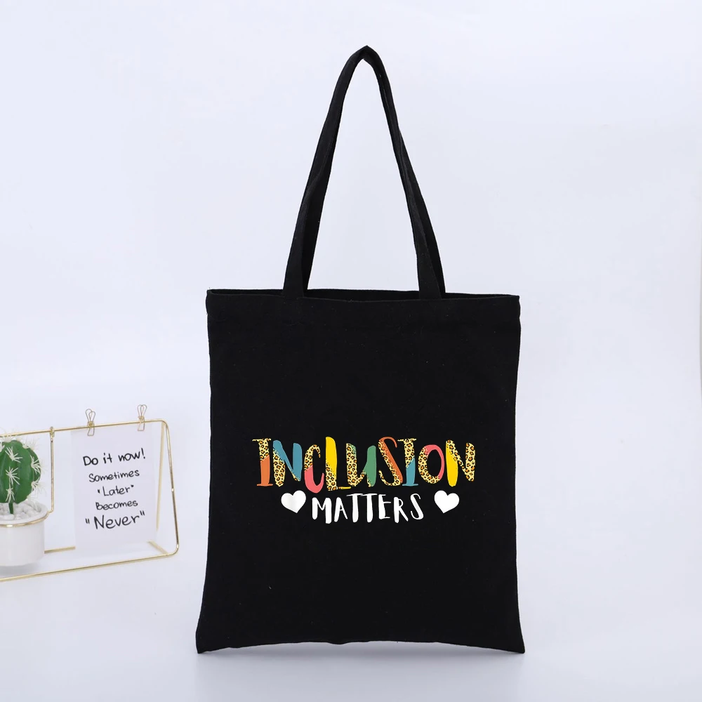 INCLUSION MATTERS Letter Print Black Canvas Tote Bag, Casual Style for Daily Shopping and Urban Outings