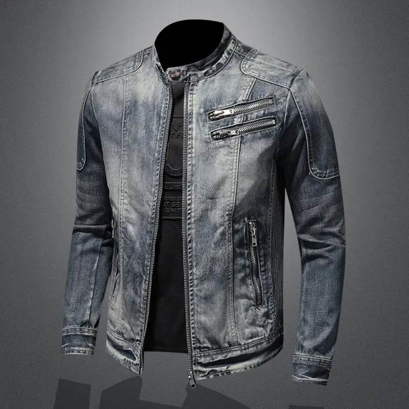 

y2k Mens Denim Jacket Casual Vintage Plus Size Stand Collar Zipper Motorcycle Cycling Trendy Streetwear Coat