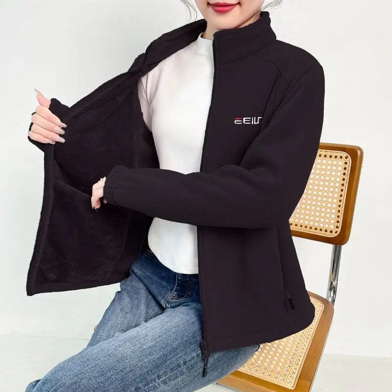 امرأة سميكة سستة لامب المخملية البلوز سترة عادية التطريز الدافئة الوقوف طوق سترة فضفاضة يندبروف البلوز