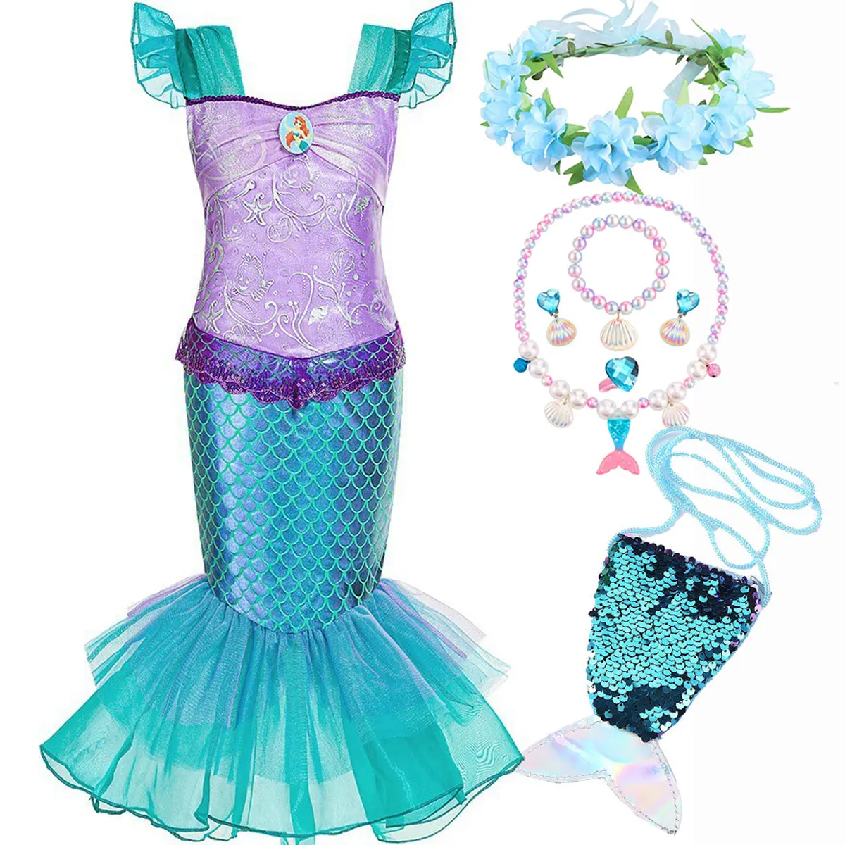 2024 Disney Little Mermaid Costume Halloween Kid Dress For Girls Children Carnival Birthday Party Clothes Cosplay Mermaid Dress