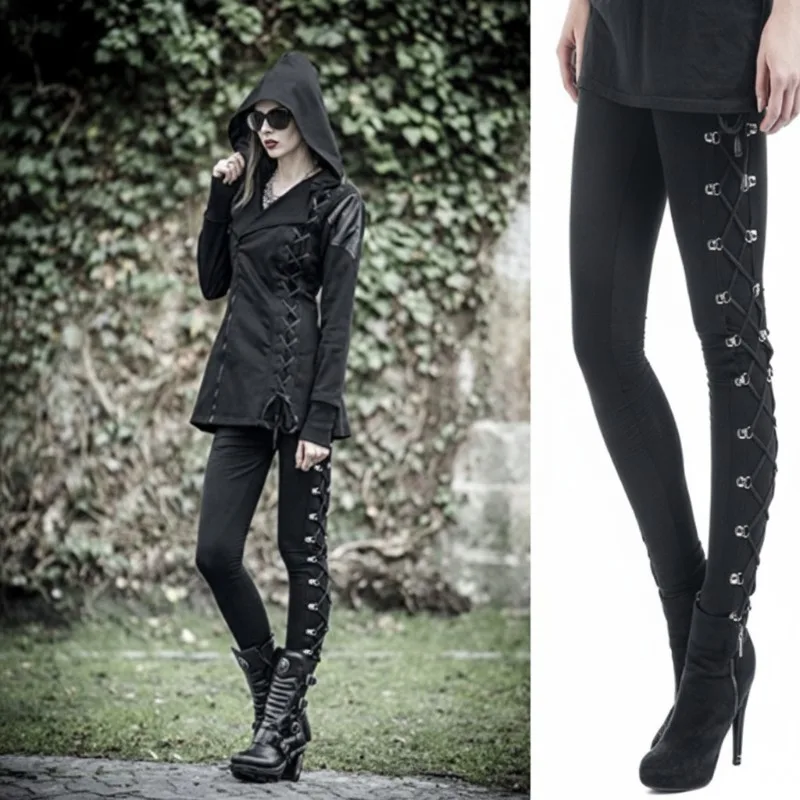 Krisnanas Gothic Punk Style Pants for Women 2025 Black Skinny Butt Lifting Side Lace Up Leggings Pencil Pants Female Clothing