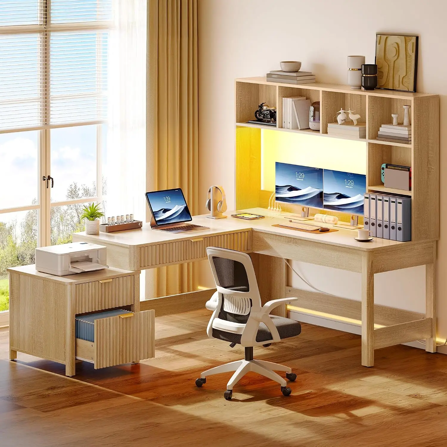 L Shaped Hutch Drawers Natural Oak 67 Inch Computer Gaming Power Outlets LED Lights Wood Home Office Desk Printer