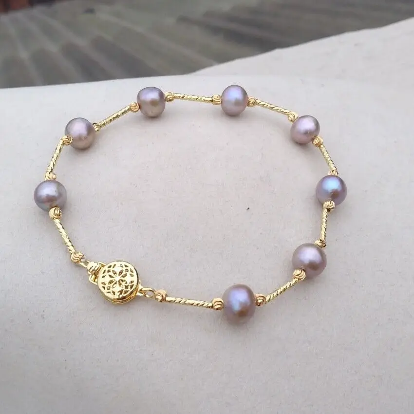 GREAT PRICE 7.5-8in Natural South Sea Genuine Gray Pearl Station Bracelet 14k Gold Filled Round Flower Clasp Free Shipping