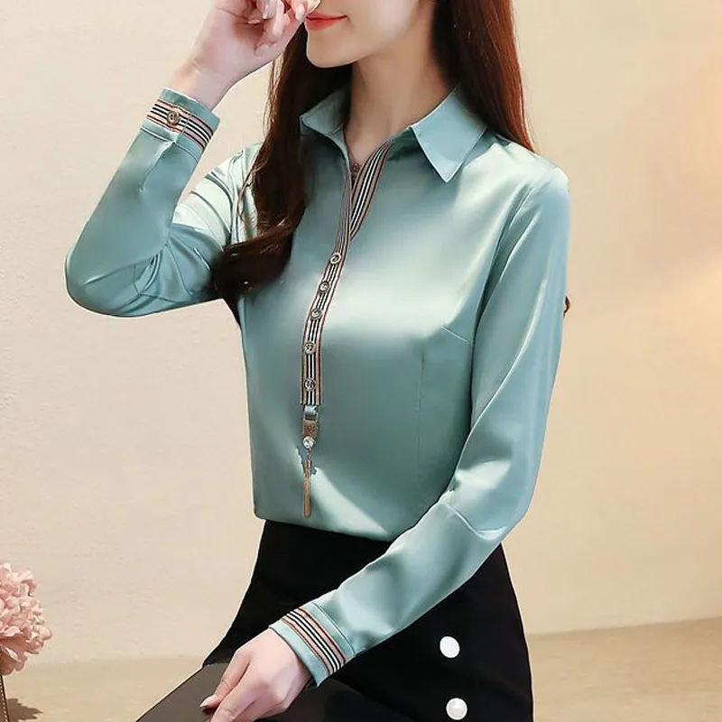 Spring Autumn New Chiffon Office Blouse Long Sleeve Polo Neck All-match Plus Size Shirt Tops Elegant Vintage Women Clothing