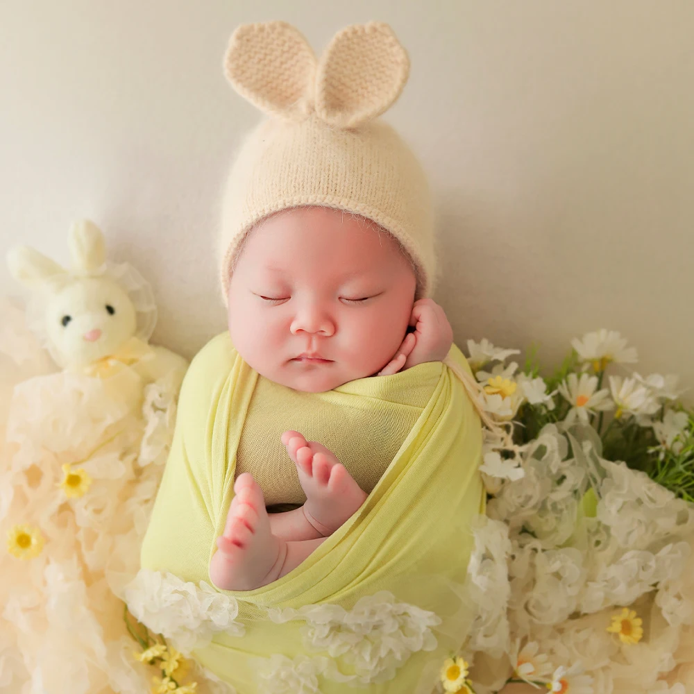 Swaddle Pro Wrap Photography Props Cotton Stretch Wraps Floral Lace Blanket Bunny Ears Knitted Hat Studio Baby Photo Accessories