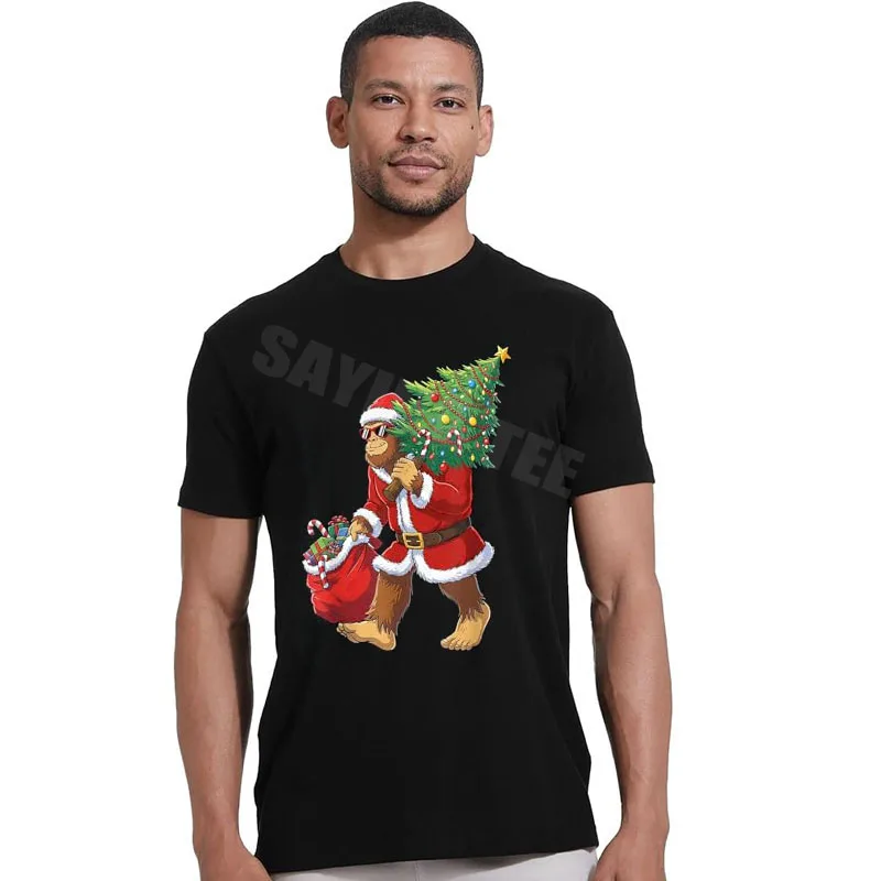 Bigfoot Christmas Tree Lights Boys Men Sasquatch Lovers Xmas T-Shirt Y2k Fashion Holiday Party Clothes Rock Funny Novelty Gift