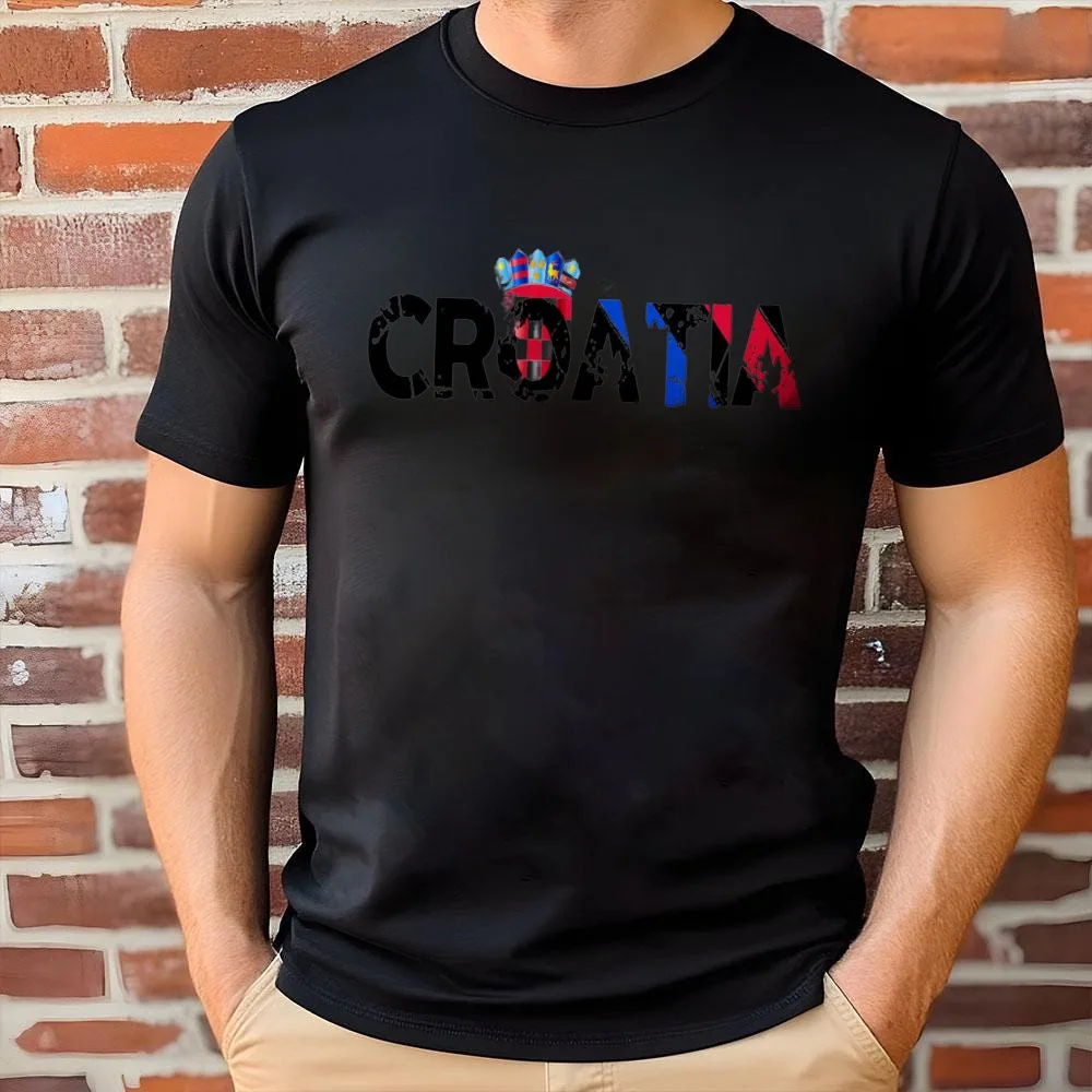Croatia Letter Print T Shirt Men Croatian Flag Coat of Arms Distressed Graphic Tee Cotton  Patriotic National Pride Casual Tops