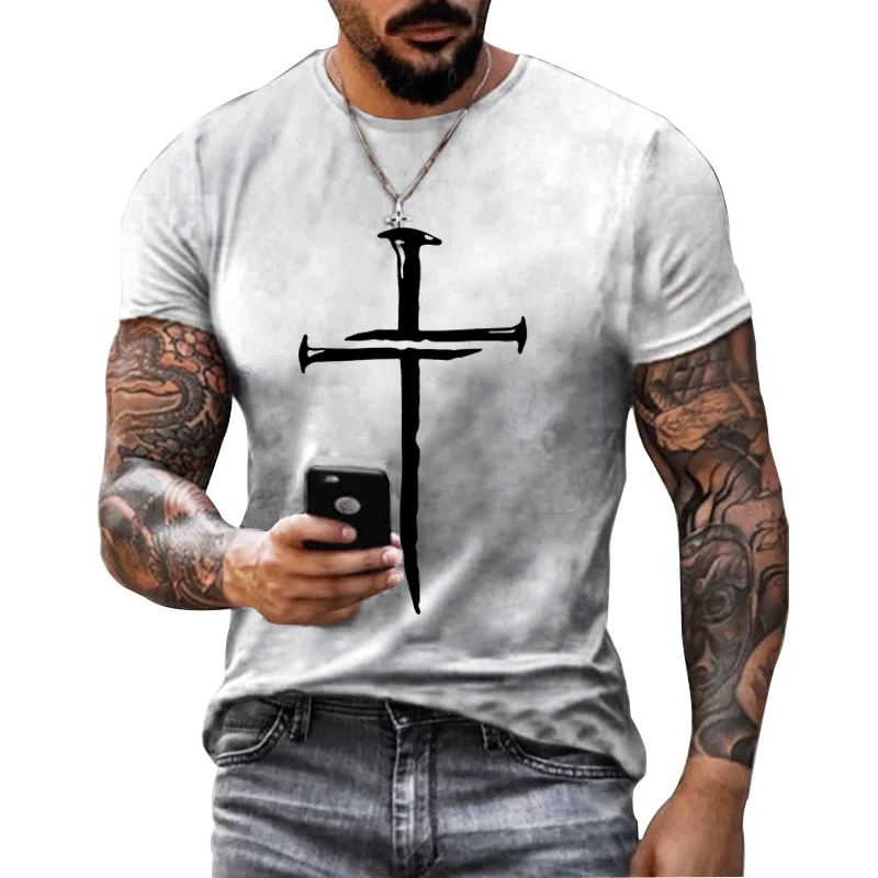 Men's White T-shirt Cross Pattern Short Sleeve Men's Simple Casual Summer Top Round Neck Sports Clothes Oversized Polyester