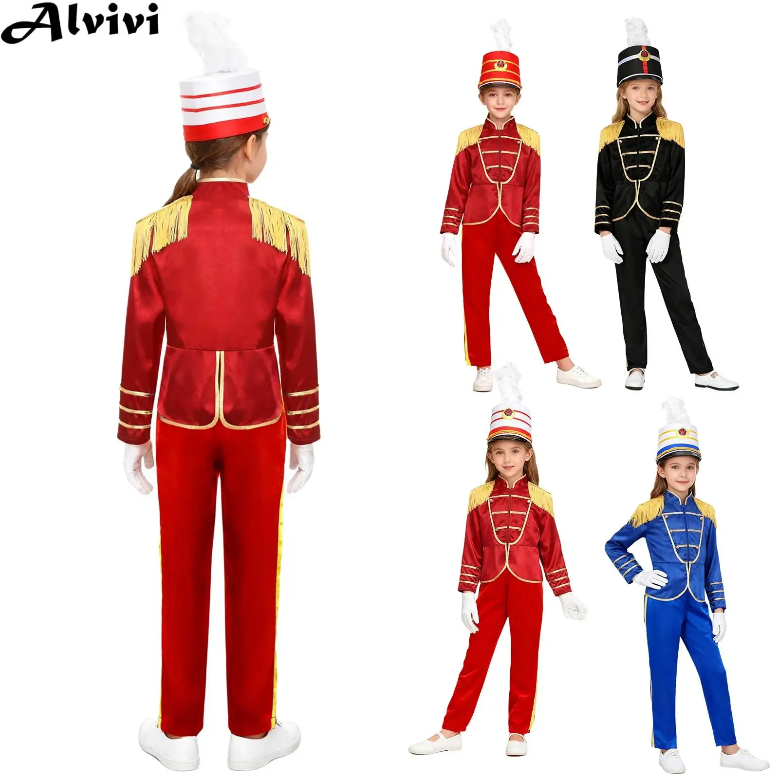 Bambini Carnevale di Halloween Marching Drum Band Guardia d'onore Bandiera che solleva il costume majorette Giacca con cerniera a maniche lunghe con pantaloni