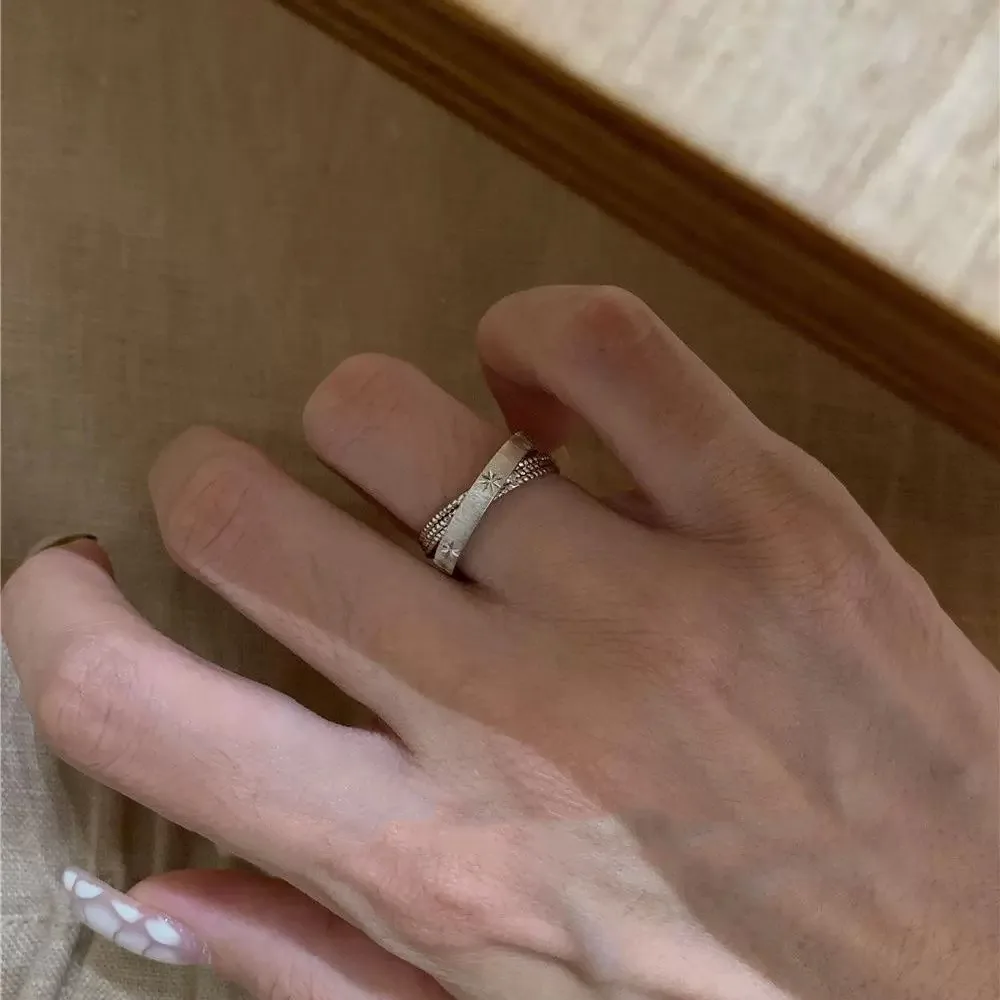 Exquisite Retro 925 Sterling Silver Brushed Mercury Starburst Double Band Open Adjustable Rings for Women Simple Luxury Jewelry