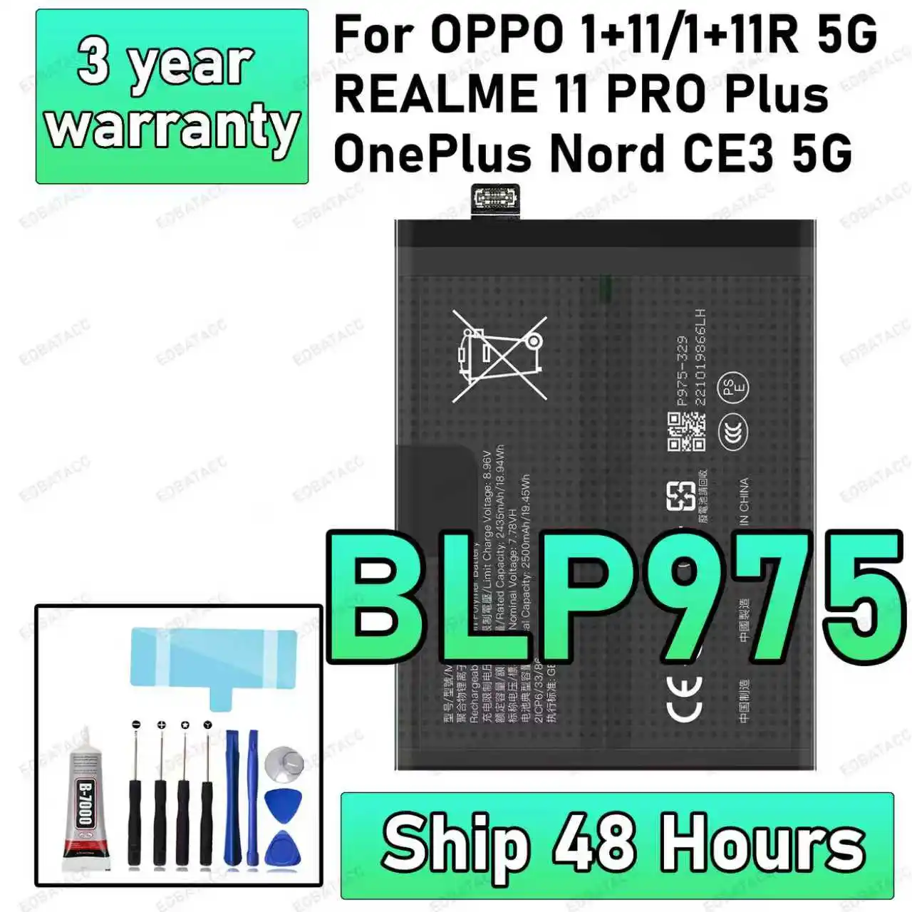 

100% New High Quanlity BLP975 For OPPO 1+11/1+11R 5G/REALME 11 PRO+/REALME 11 PRO PLUS/OnePlus Nord CE3 Battery+Tools