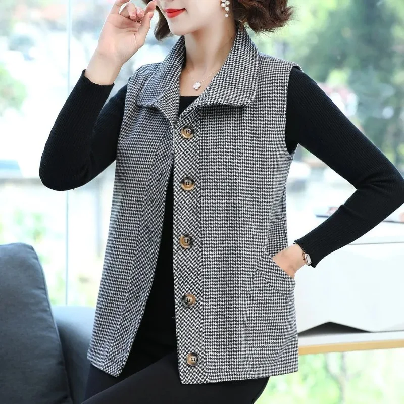 

Sleeveless Vest Jacket Women's Cardigan Plaid Contrast Color Lapel Button Fashion Casual Top