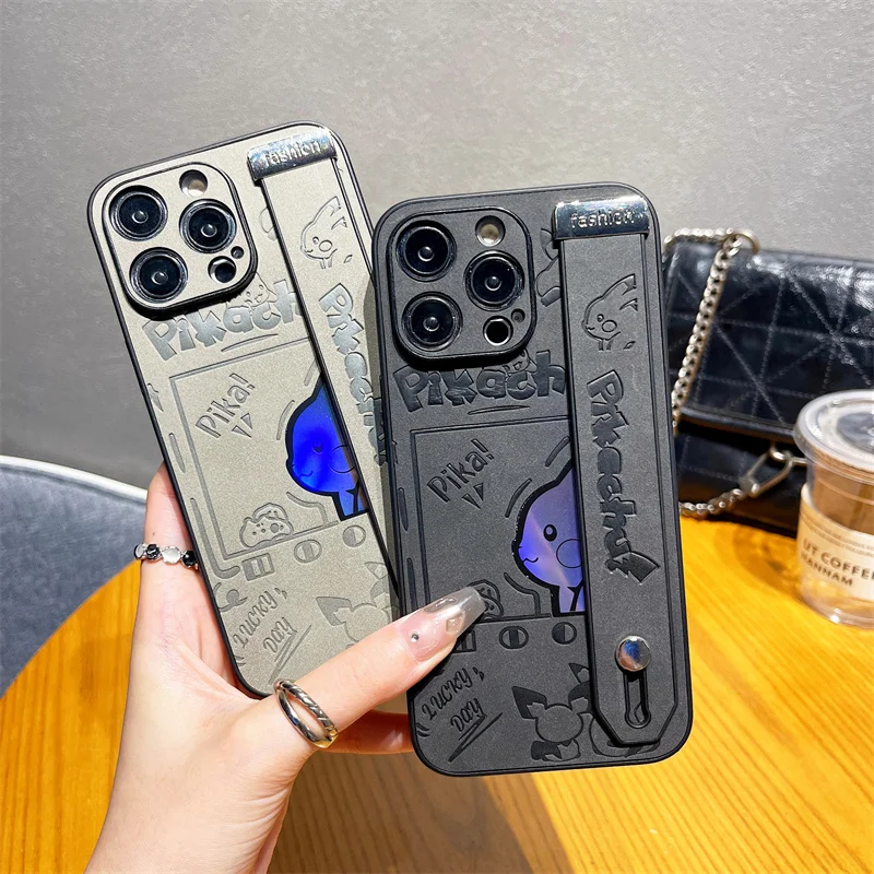 Cartoon Cute Anime P-Pokemon Wrist Strap Stand Protect Case For iPhone 13 12 11 14 15 Pro 16 Pro Max Suede Leather Phone Cover