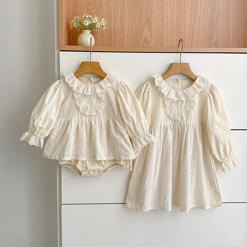 Baby-Mädchen-Strampler im Vintage-Stil mit Spitze, Rüschenkragen, langen Ärmeln, Baumwollrock mit Stickerei, Body, Neugeborenen- und Säuglings-Prinzessinnen-Outfit, 0–24 Monate. – Detail 17
