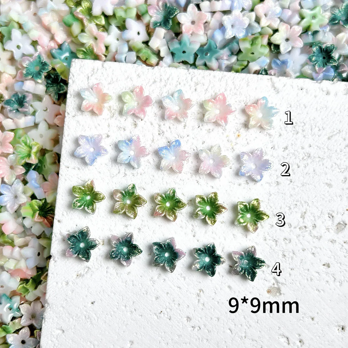 60PCS New Creative Perforated Five Petal Flowers Resin Nail Art Decorations 3D Colorful Shinny Luminous Blossoms Nail Charms DIY