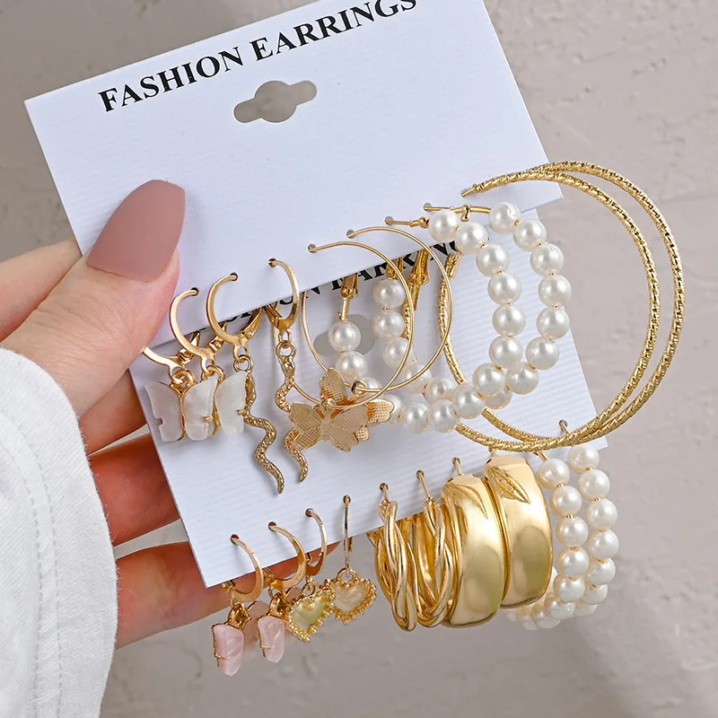 Modyle Bohemia Vintage Pearl Circle Hoop Earring Set for Women, Gold Color, Twists Drop Earring, Crystal Fashion Jewelry Gifts