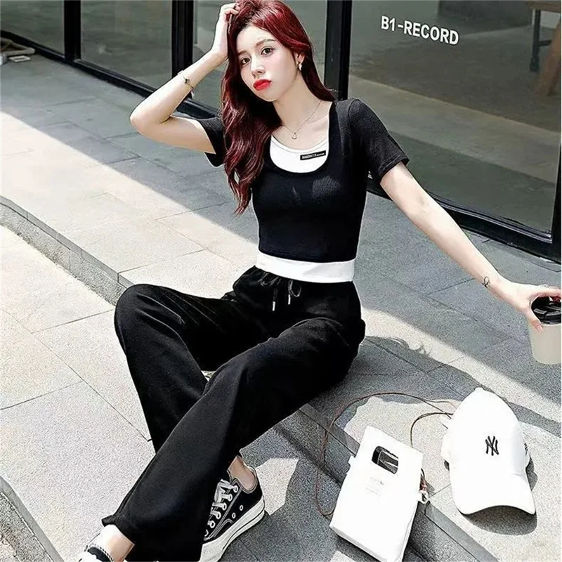 2023 New Summer Stitching Fashion Two-Piece Suit Slim Cotton Shirt Embroidered Elastic Waist Trousers Leisure Sports Suit Female