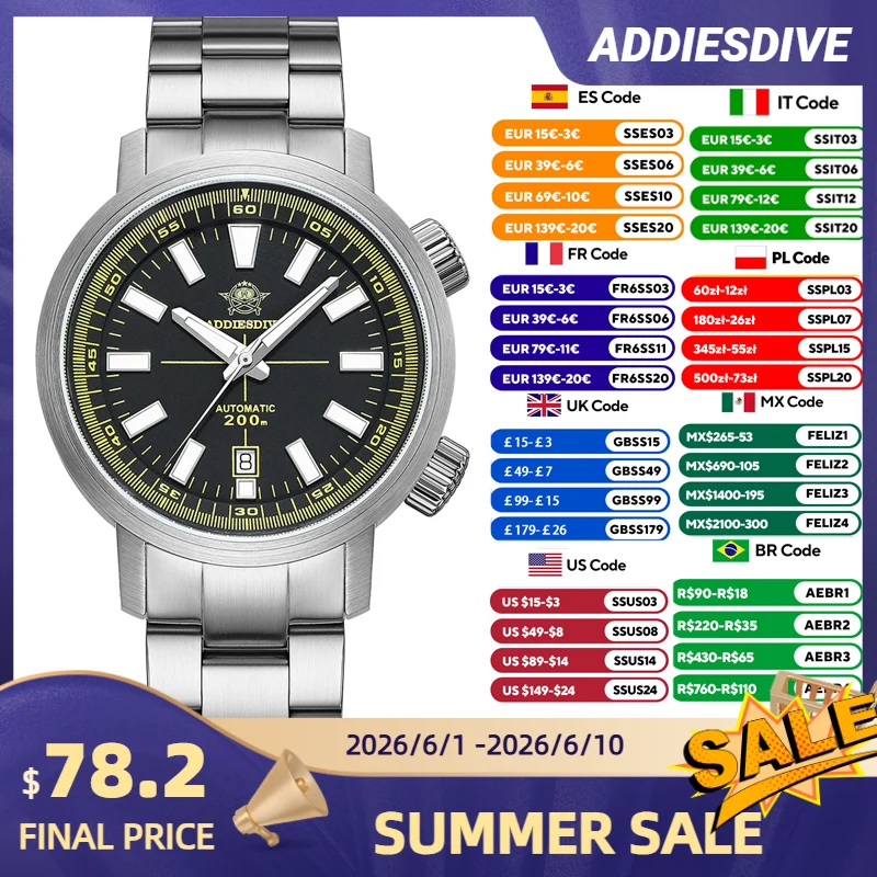 

ADDIESDIVE New Men's Diving Watch 200m Waterproof Sapphire Glass Automatic Wrist Watch Ceramic Bezel Stainless Steel Luminous