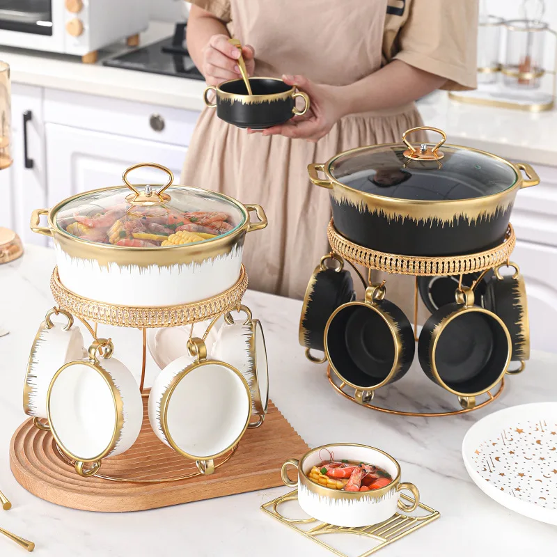 Light luxury binaural ceramic pot Phnom Penh large soup  lid soup pot ceramiholder with candle holder tableware