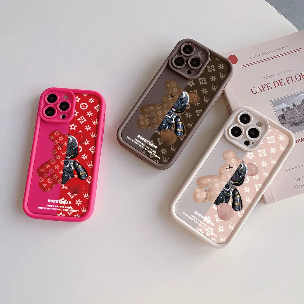 Cartoon Robot Bear Camera Protection Case For iPhone 15 14 13 12 11 Pro Max Mini XR XS X 7 8 Plus SE20 Soft TPU Back Cover Funda