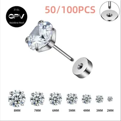 50/100PCS 316L Medical Stainless Steel Earnail Four Claw Round Zircon 2-8mm Kit for Women's Perforated Jewelry Earbone Nails