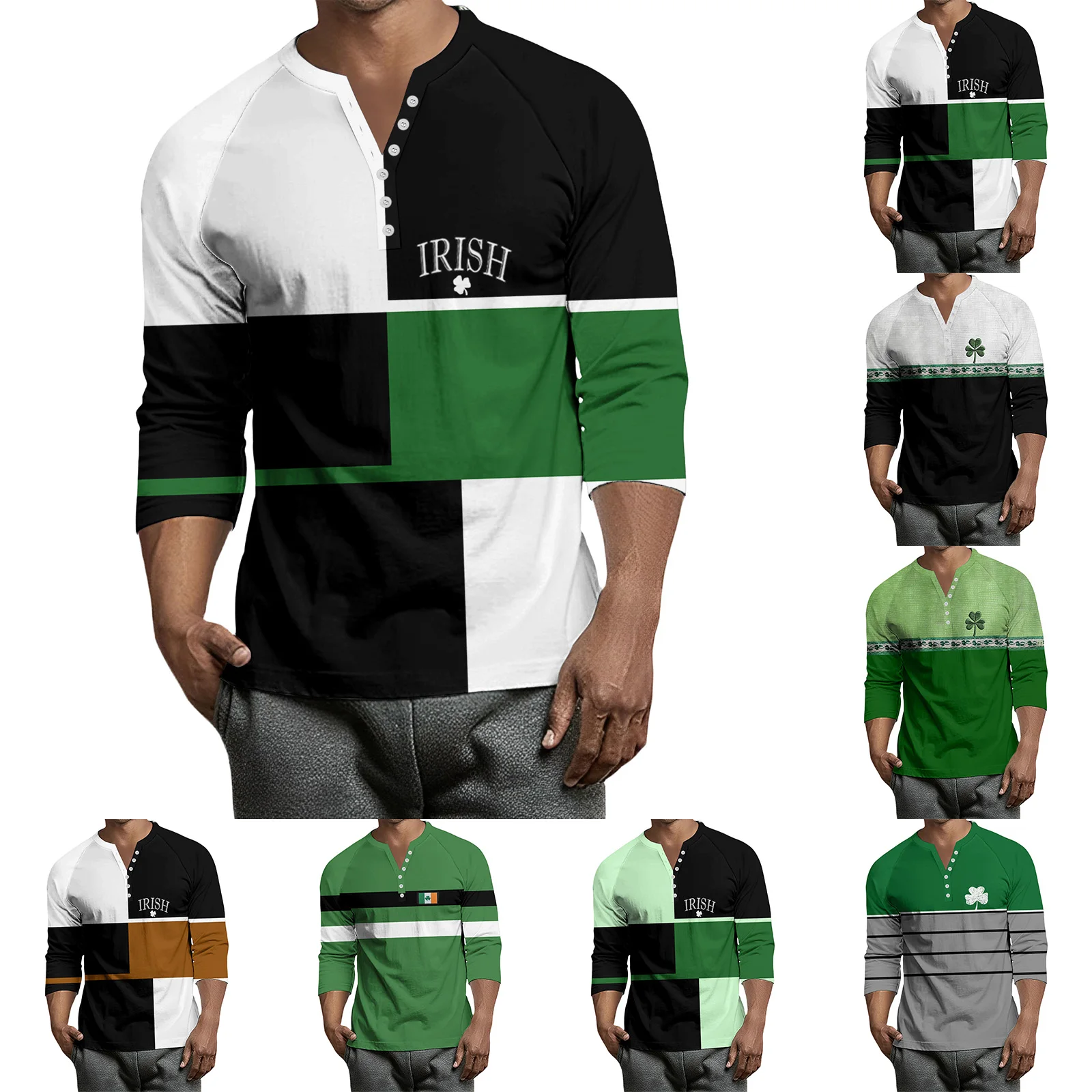 

Men's T-shirt St Patrick's Day Green Button Down Contrast Raglan V-neck 3/4 Sleeve Top Spring Autumn T-shirt Holiday Clothing