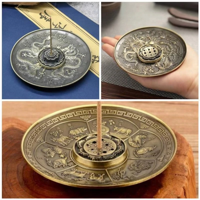 Dragon and Phoenix Bronze Incense Tray Twelve Zodiac Antique Thread Incense Holder Coil Incense Burner Indoor Sandalwood Stove
