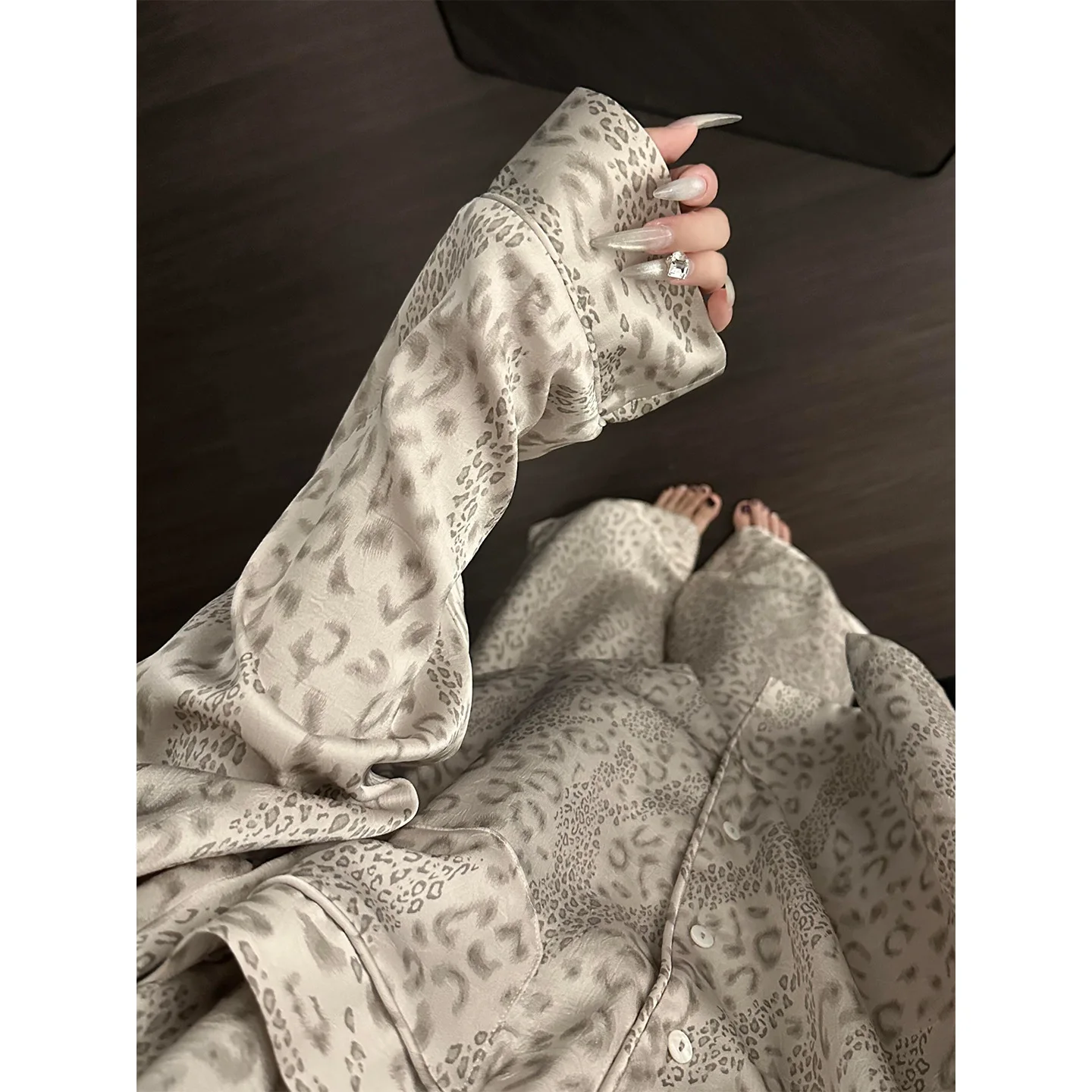 Korean Leopard Print Design Ice Silk Pajamas Women's Autumn New Large Size Forged Surface Long Sleeve Trousers Home Wear Suit