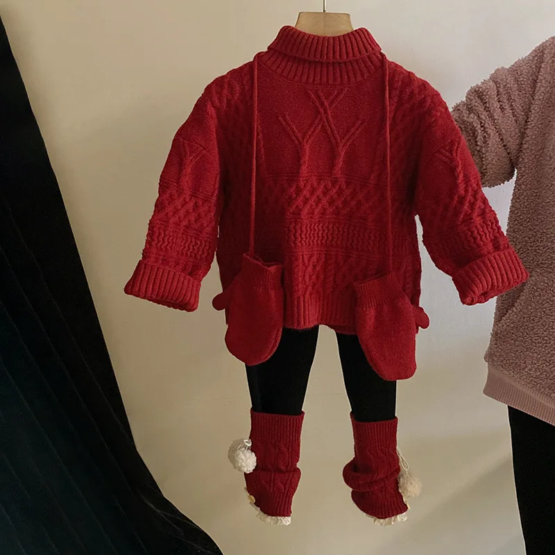 Girls Suit 2024 Winter New Childrens Wear Girls Baby Red Twist Turtleneck Sweater Spliced Leggings Two-piece Gloves Casual