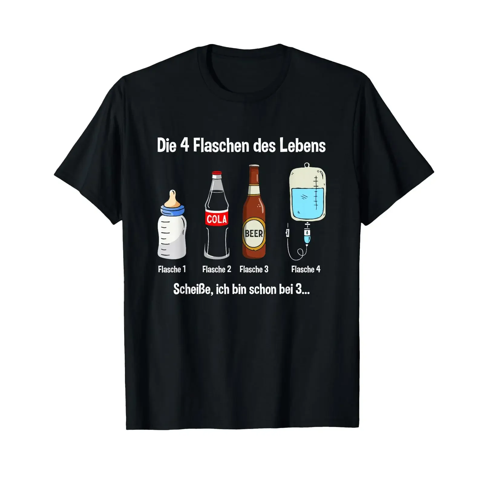 Camiseta con texto en alemán:quot Die 4 Flaschen des Leben Language quot, divertida, para fiesta, negra, vintage, lavada, ropa de diseñador, transpirable