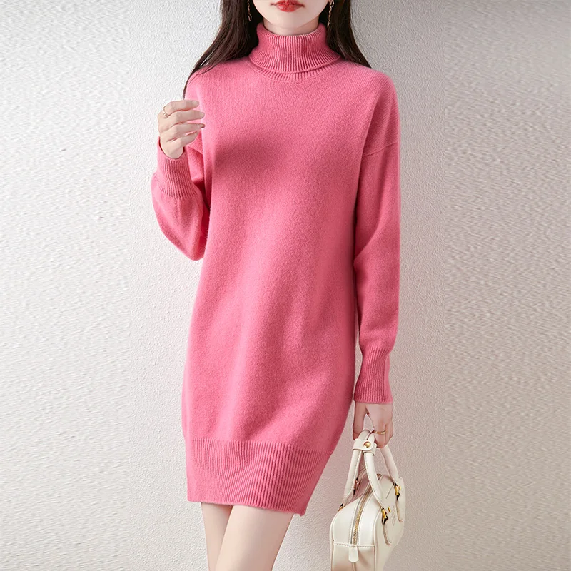 100% Merino Wool Dress Women Sweater Turtleneck Long Dress Autumn Winter Soft Thick Female Clothes New Fashion Elegant Knitwear
