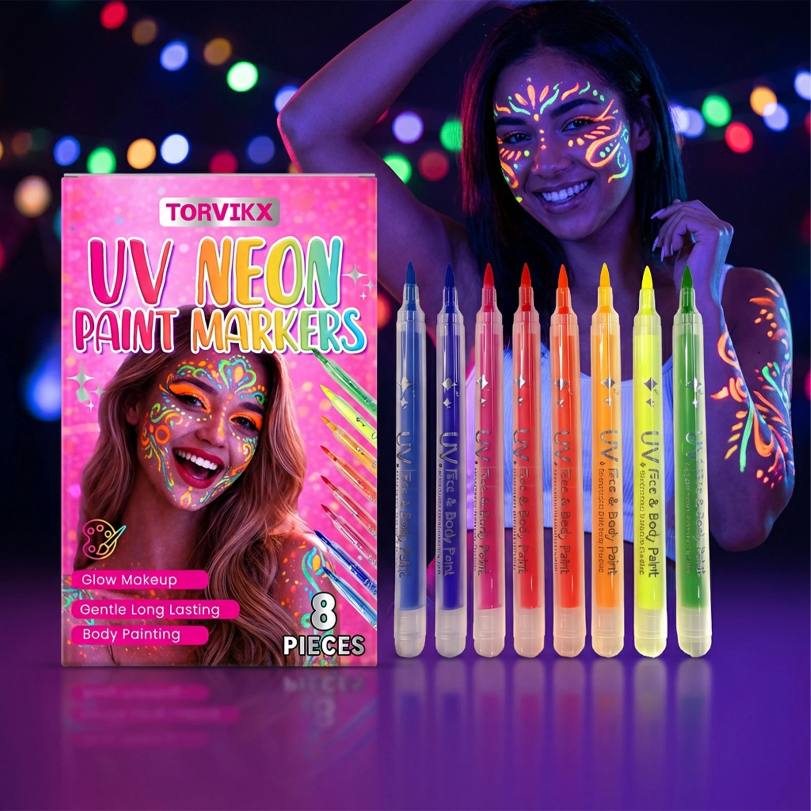 

8pcs Face Body Paint Kit Glow Reactive Neon Fluorescent Makeup Set Party Festival Rave Halloween Cosplay Body Art Supplies