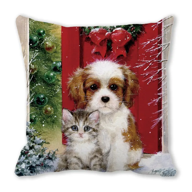 Juste de coussin imprimée chat et chien, cadeau de Noël, décoration de canapé, maison, salon