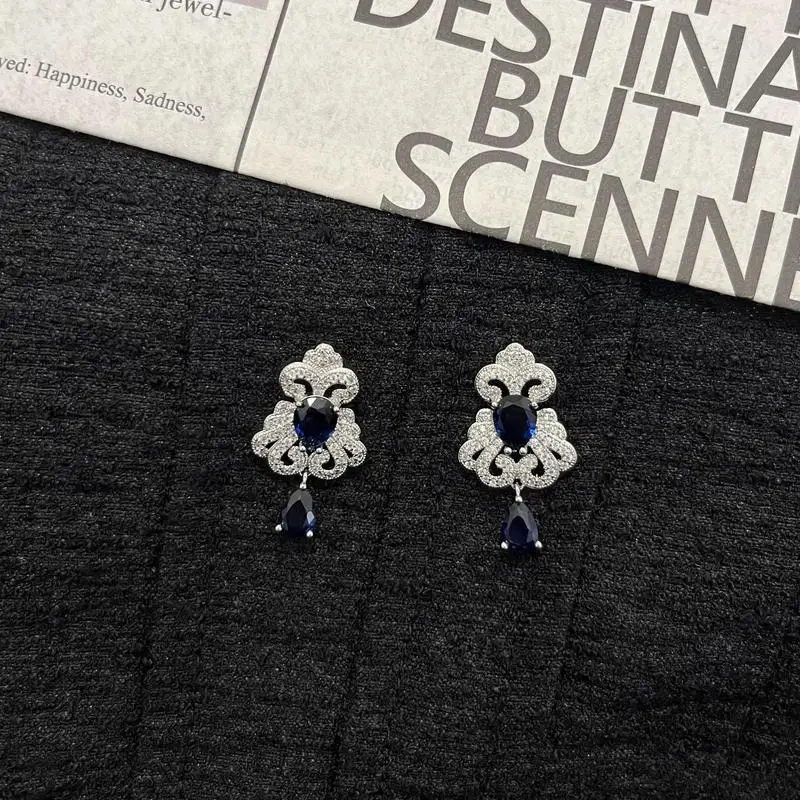925 sterling silver light luxury new sapphire earrings with retro zircon inlay, high-end long style, elegant banquet earrings